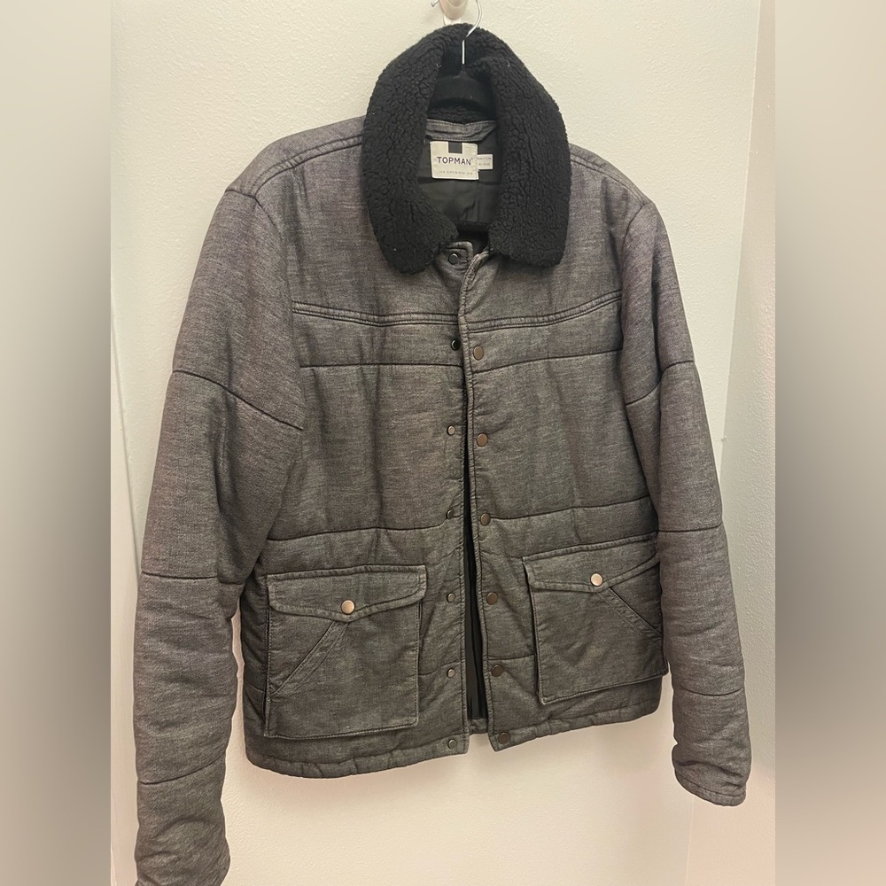 TOPMAN gray bomber jacket with black faux shearling lining